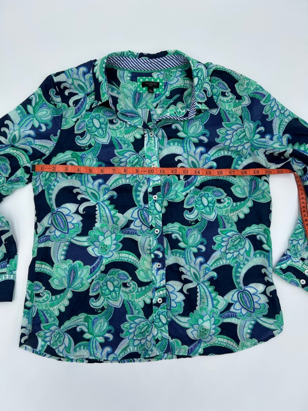 Talbots Navy and Mint Floral Paisley Button-Down Top LP - Picture 4 of 7
